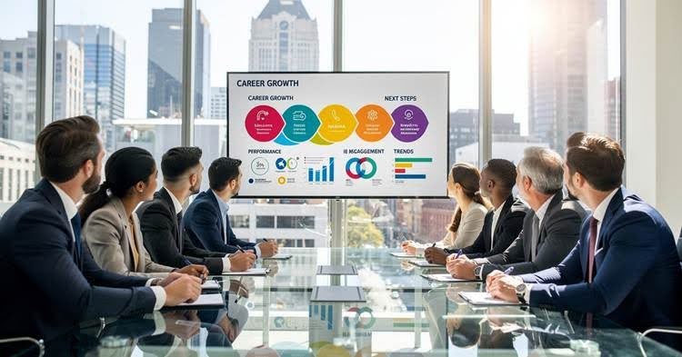marketing professionals looking at led monitor
